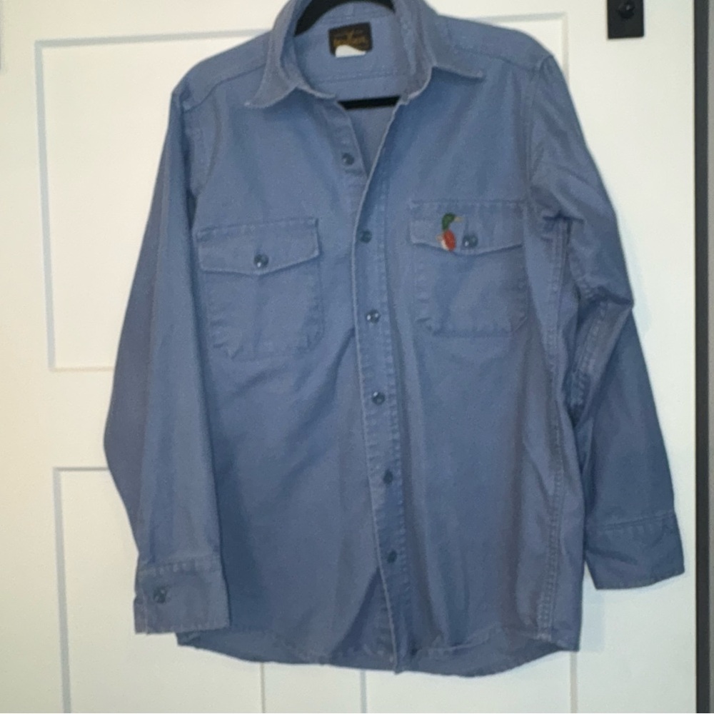 Vintage Deerskin Blue Men’s Shirt with Embroidered Duck on Pocket.